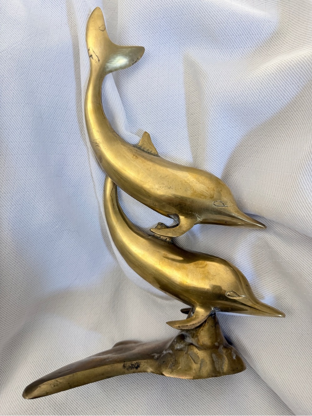 Large Vintage 12" Solid Brass Double Leaping Dolphins on Wave Sculpture
